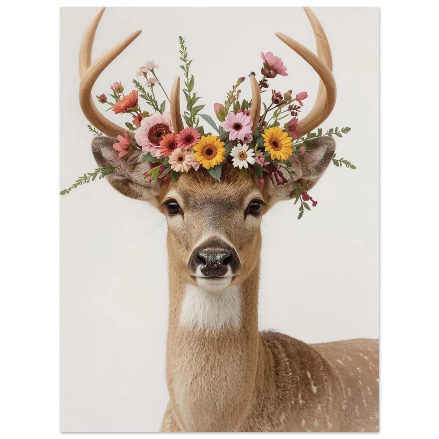 Detaljerat porträtt av en hjort med blomsterkrans, harmoniskt naturmotiv för hemmet