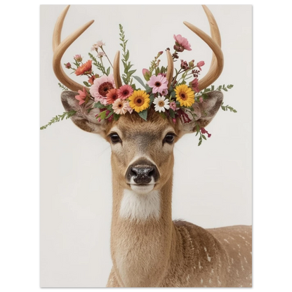 Detaljerat porträtt av en hjort med blomsterkrans, harmoniskt naturmotiv för hemmet