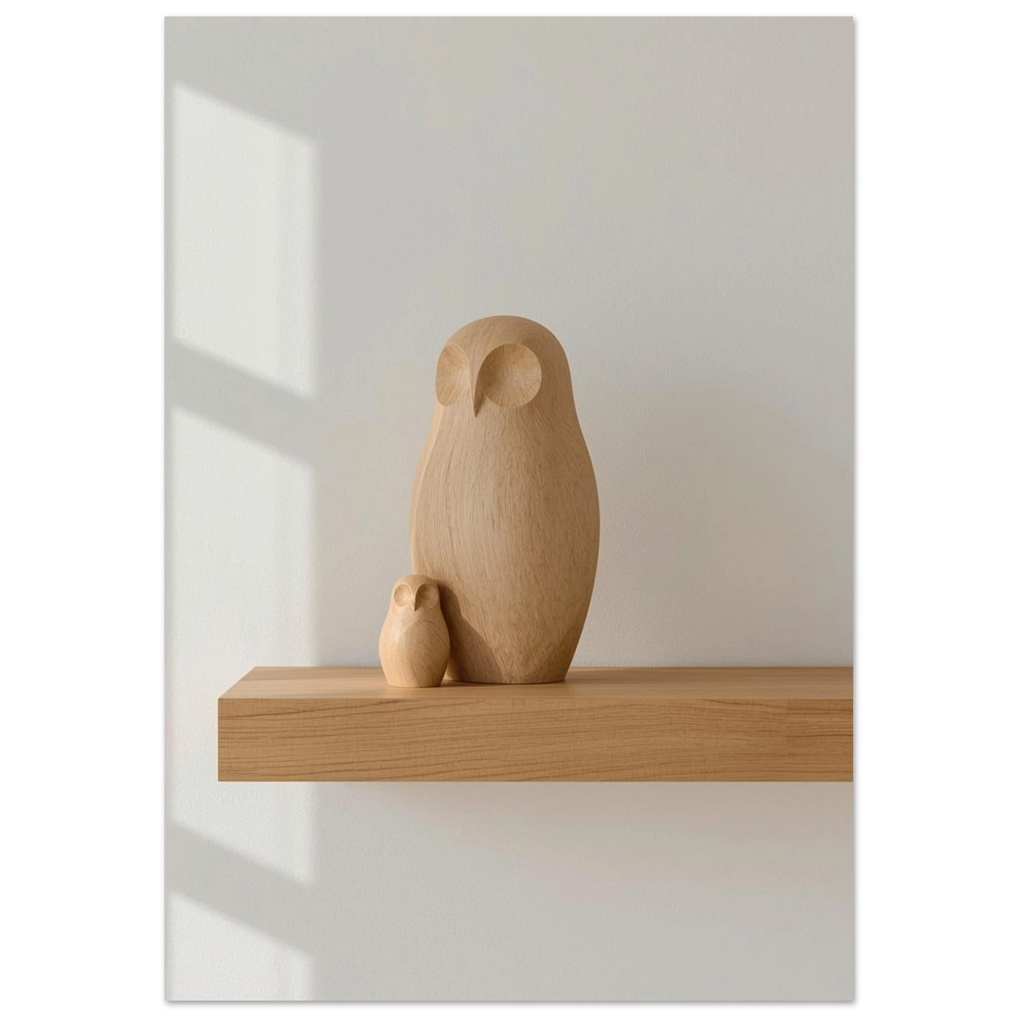 Minimalistisk träskulptur av ugglor på hylla med varmt solljus