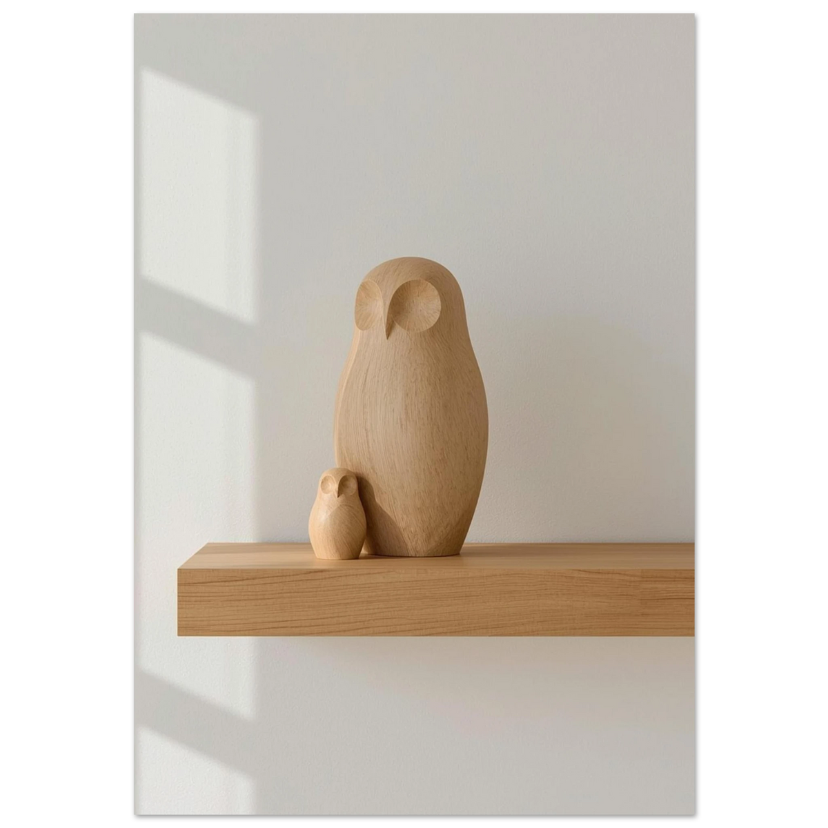Minimalistisk träskulptur av ugglor på hylla med varmt solljus