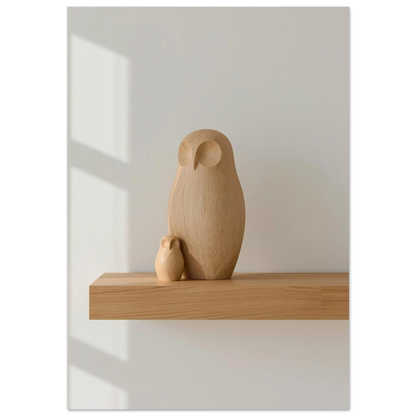 Minimalistisk träskulptur av ugglor på hylla med varmt solljus