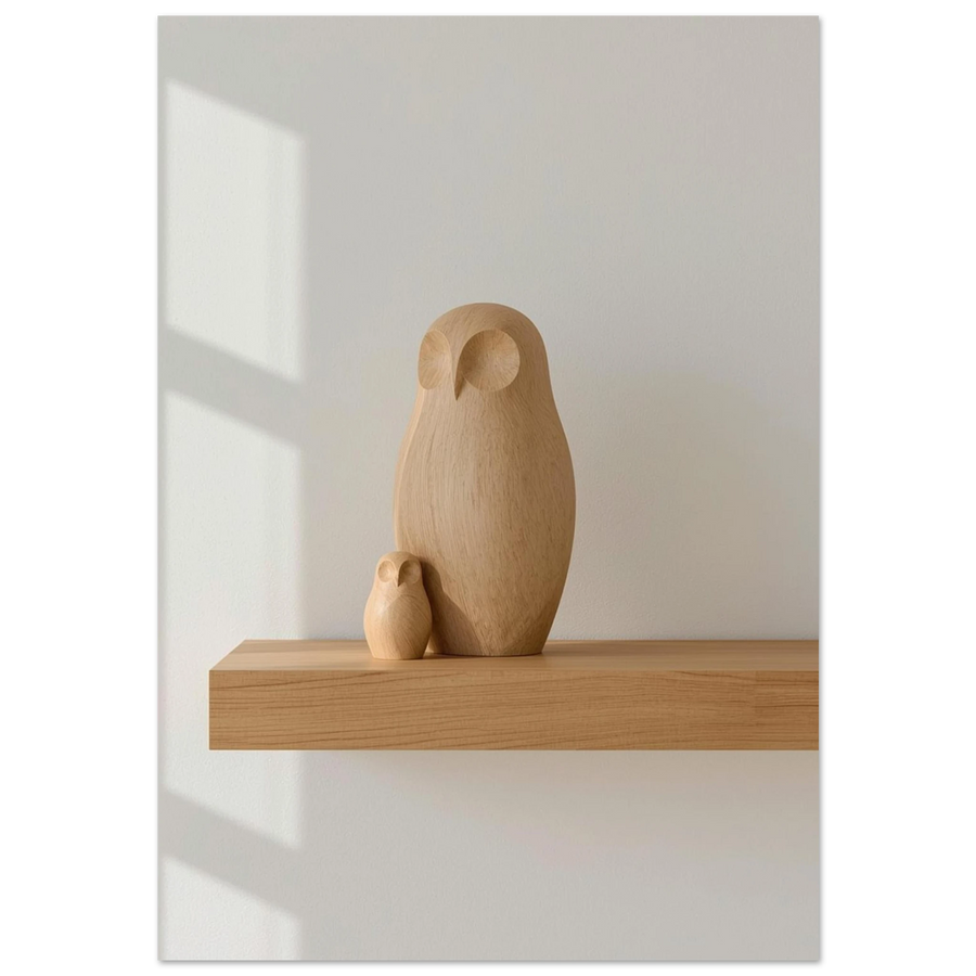 Minimalistisk träskulptur av ugglor på hylla med varmt solljus