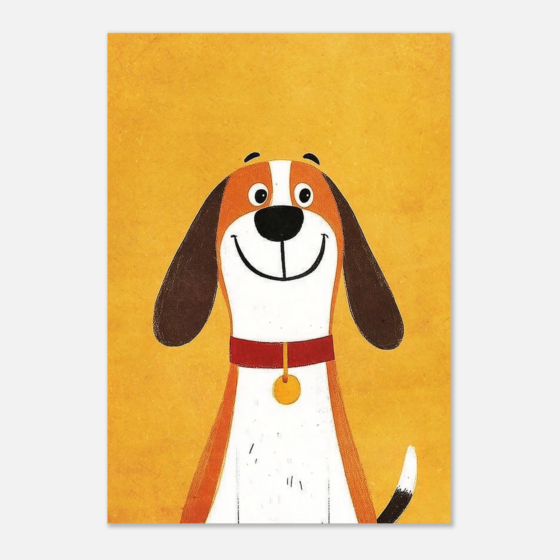 Lekfull väggkonst föreställande en glad hund mot en texturerad gul yta