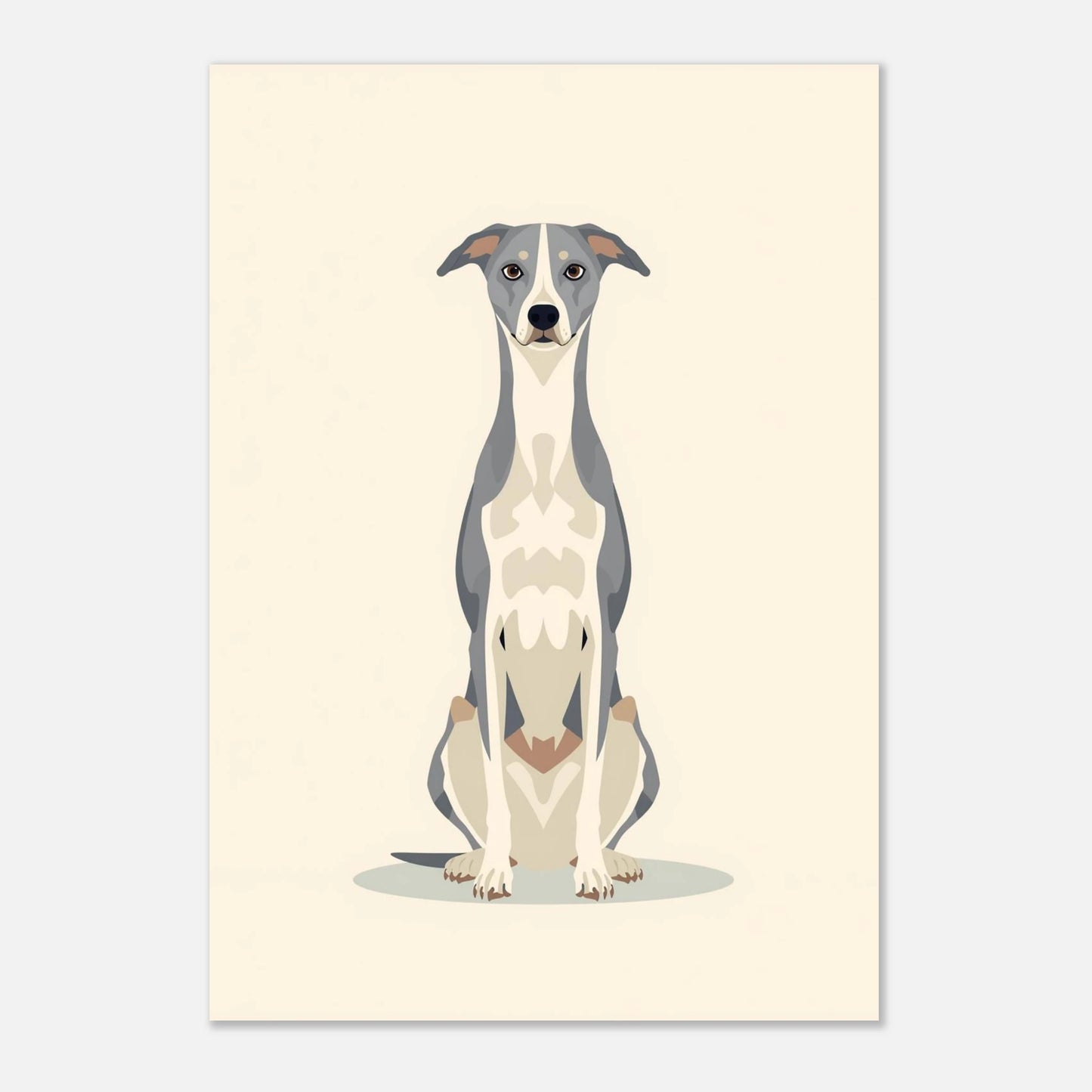 Minimalistisk djurposter med en sittande hund i gråa färgtoner