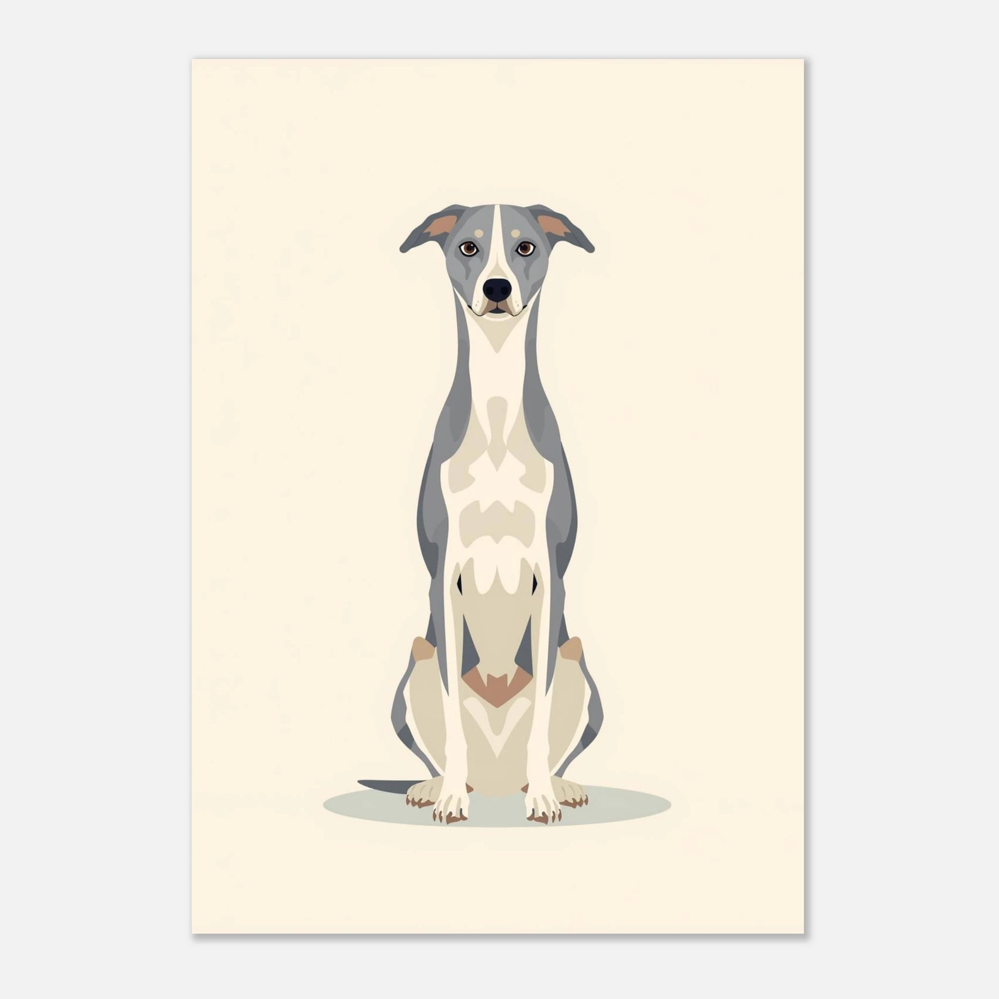 Minimalistisk djurposter med en sittande hund i gråa färgtoner