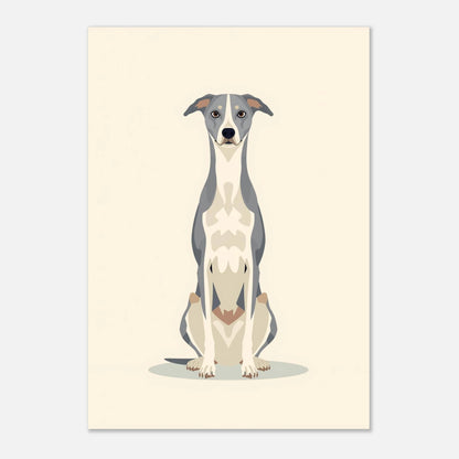 Minimalistisk djurposter med en sittande hund i gråa färgtoner