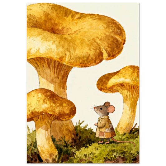 Mus i kapp i en skog av stora kantareller, sett rakt framifrån – Målad poster