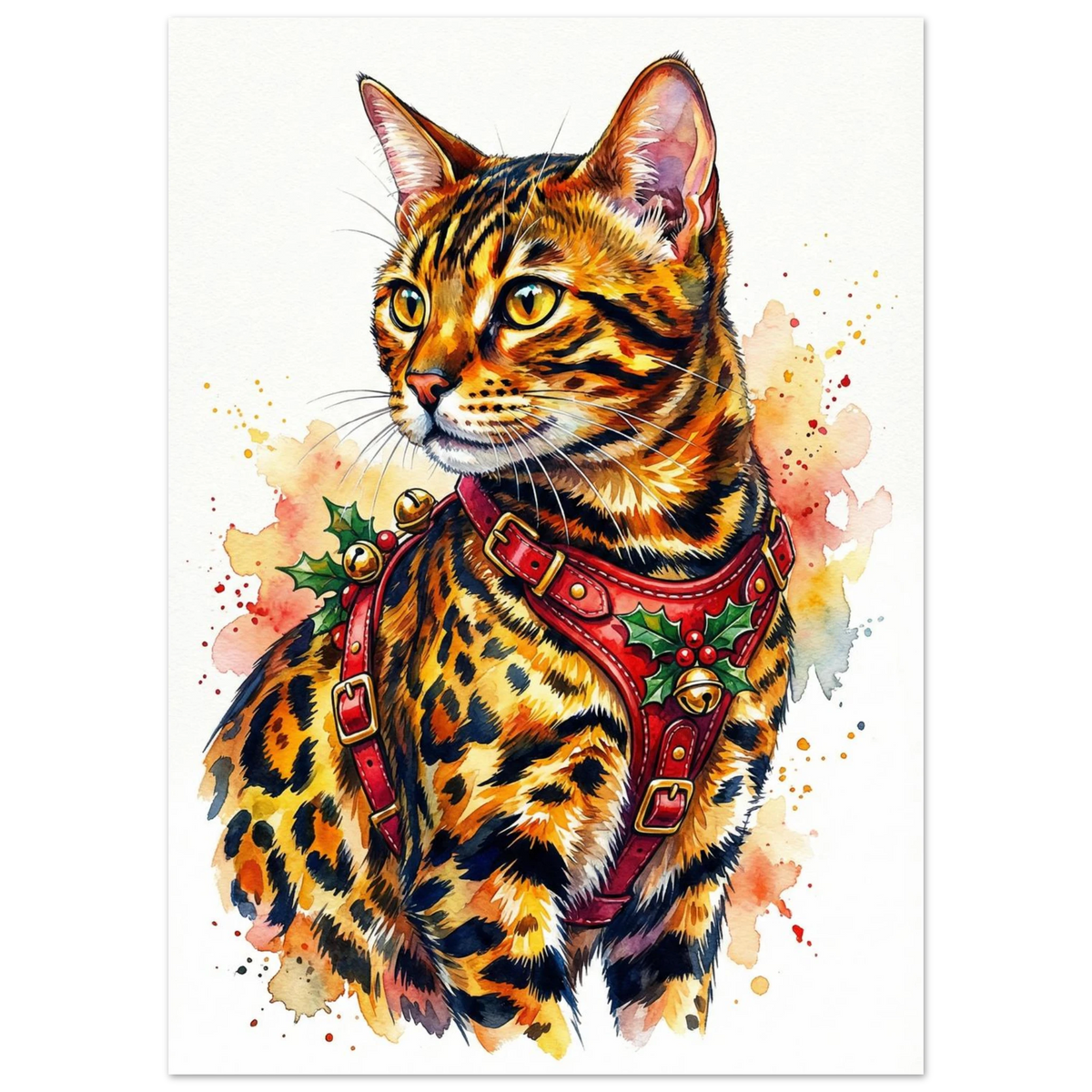 Närbild på bengalisk katt med festlig röd sele, akvarellmålning på vit bakgrund