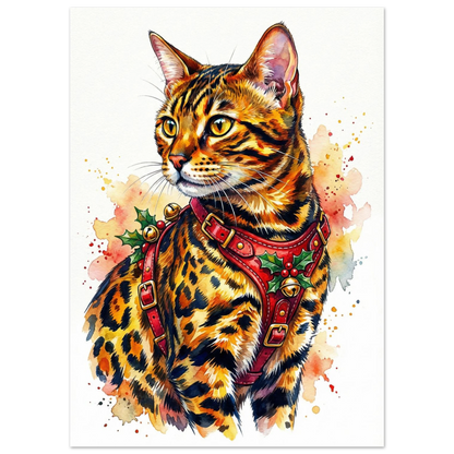 Närbild på bengalisk katt med festlig röd sele, akvarellmålning på vit bakgrund