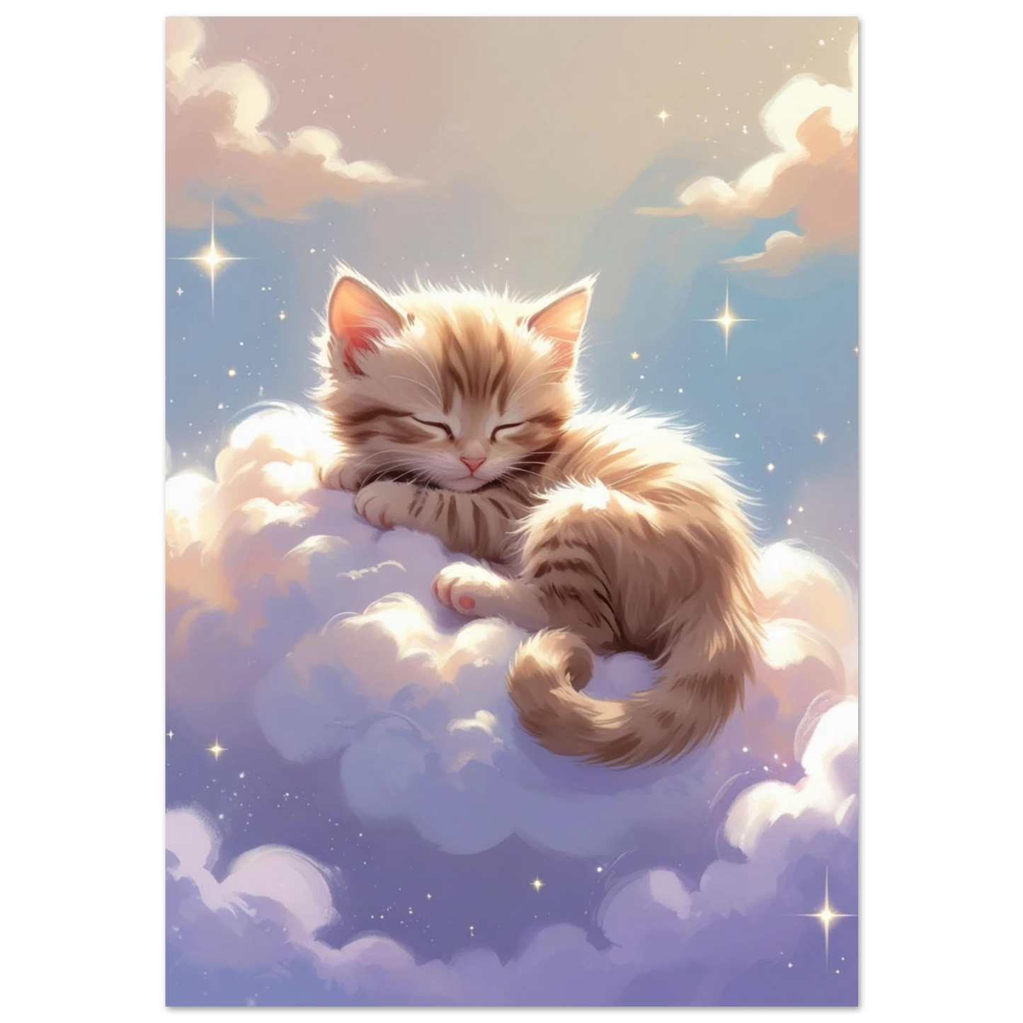 Sovande rödtabby kattunge på fluffigt moln i pastellfärgad himmel