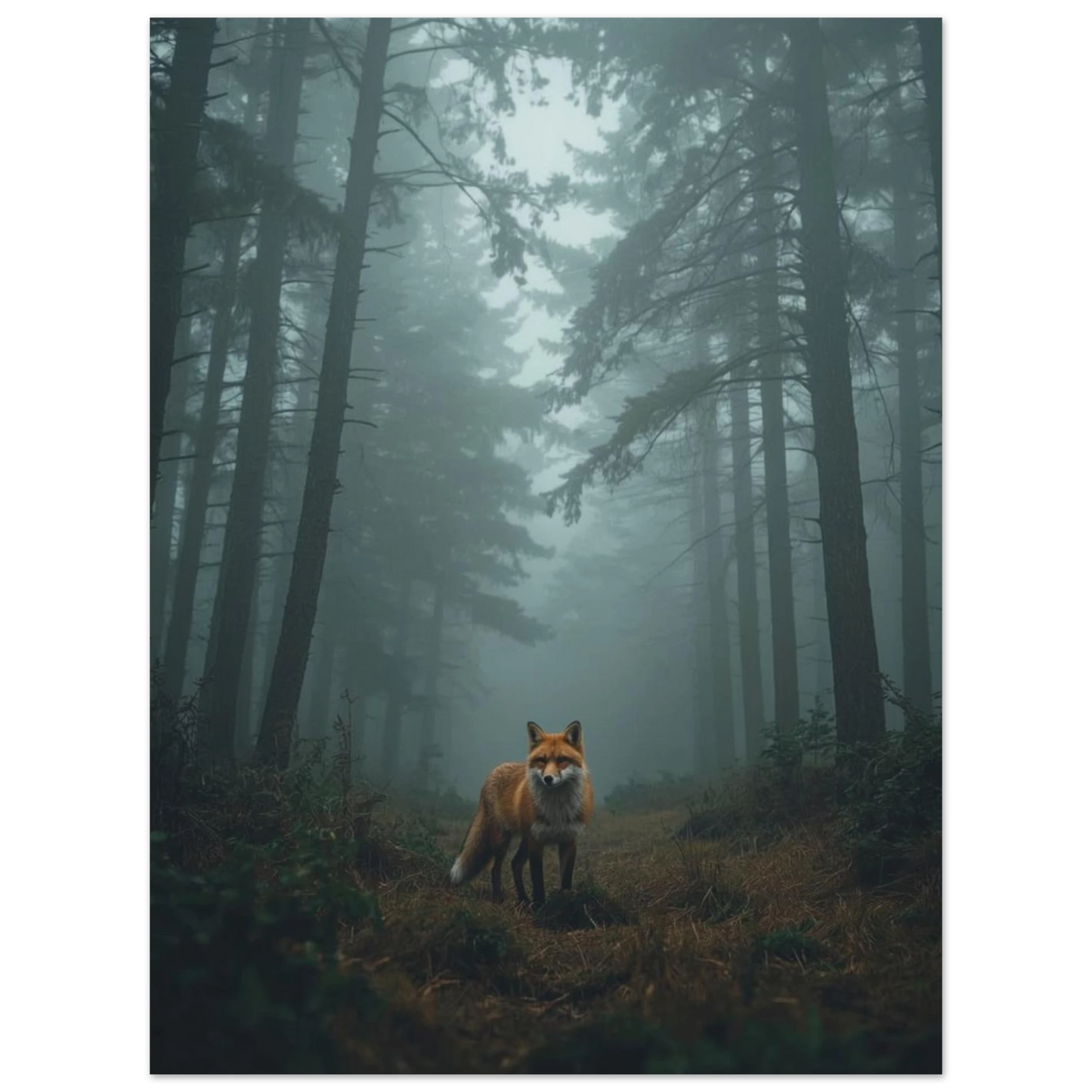 Fotorealistisk poster av en räv i skymningsljus med mörk passepartout-effekt