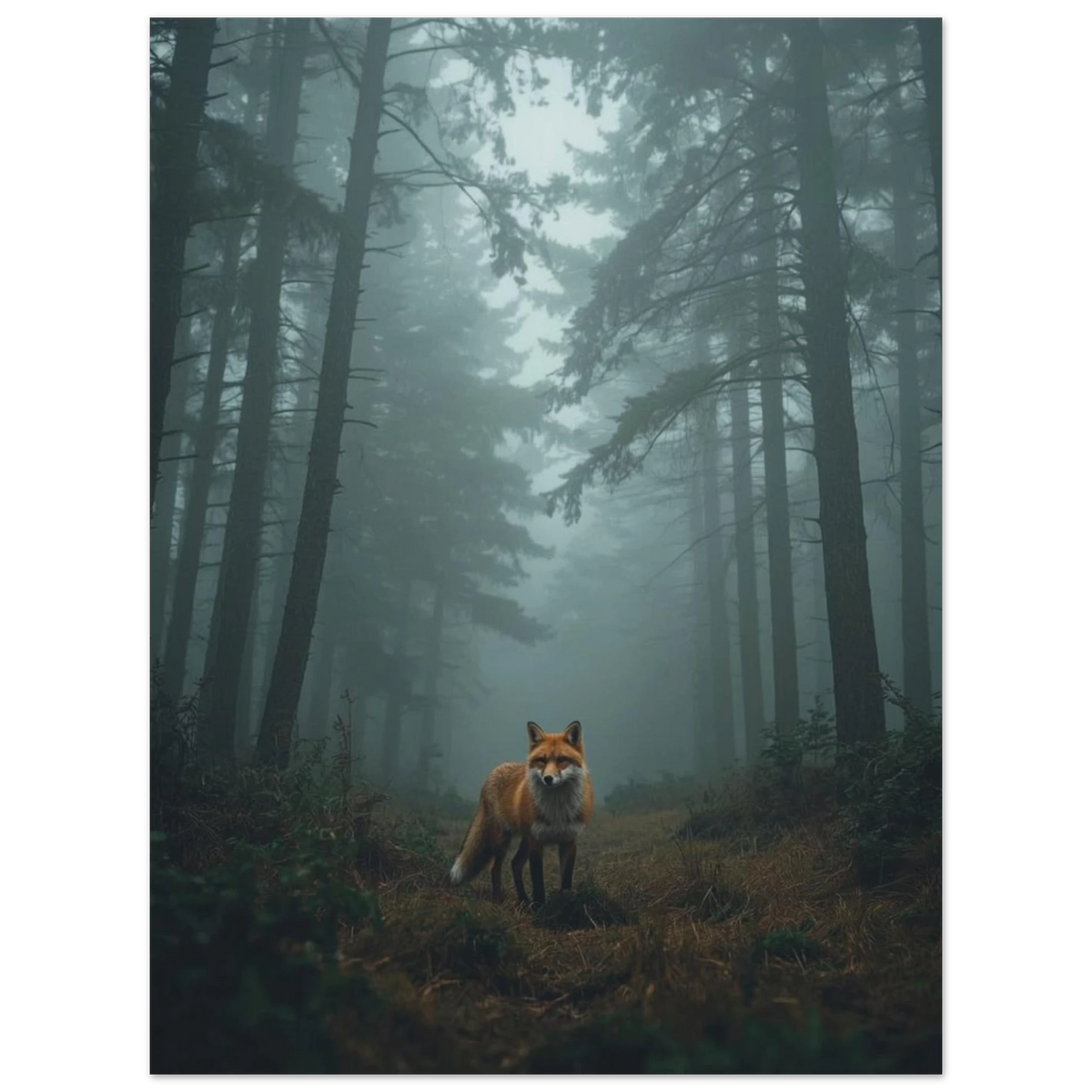 Fotorealistisk poster av en räv i skymningsljus med mörk passepartout-effekt