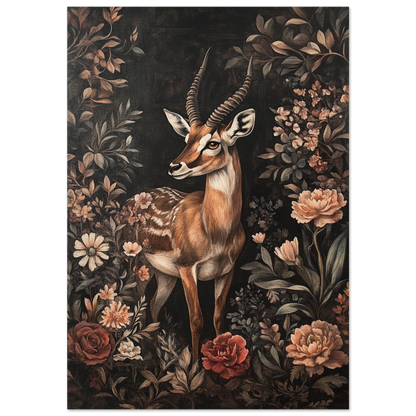 Antilop med ståtliga horn i mörk blomsterprakt – konstnärlig djurposter