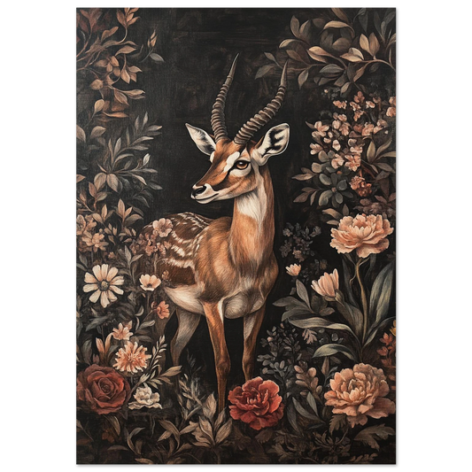 Antilop med ståtliga horn i mörk blomsterprakt – konstnärlig djurposter
