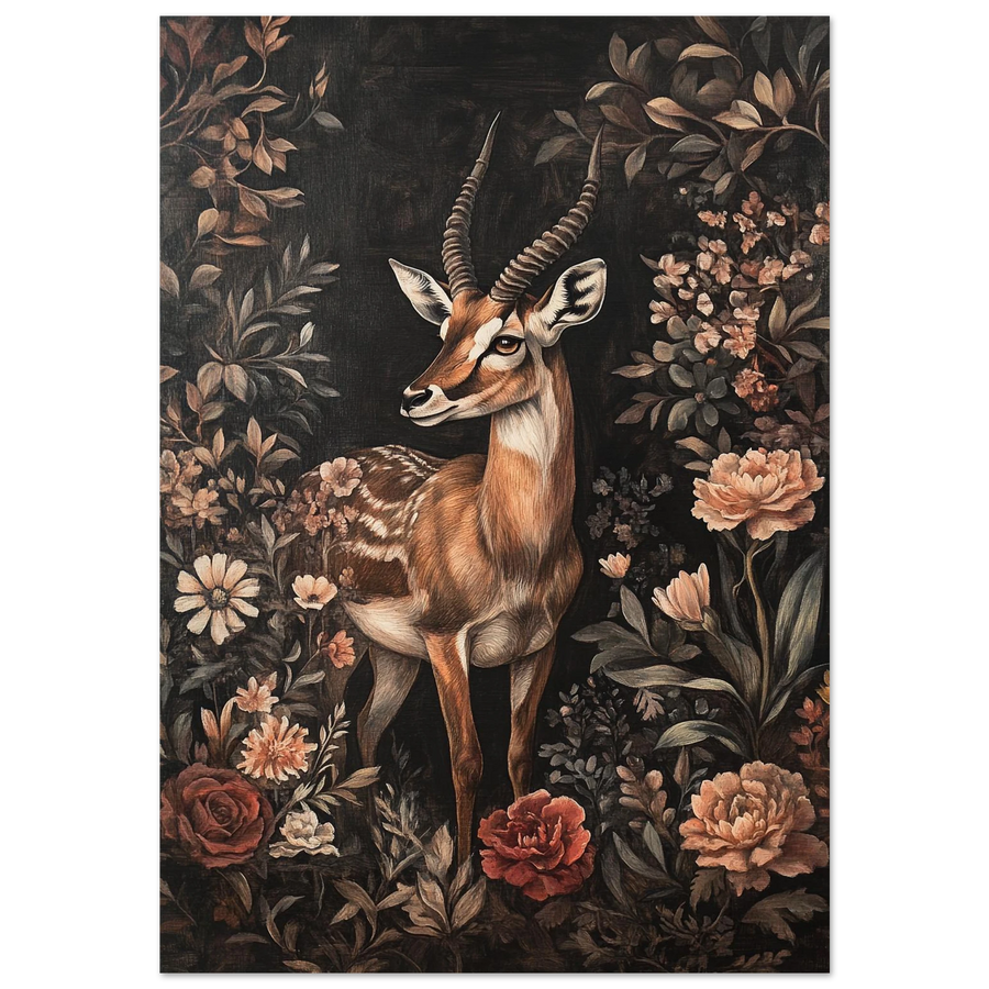 Antilop med ståtliga horn i mörk blomsterprakt – konstnärlig djurposter