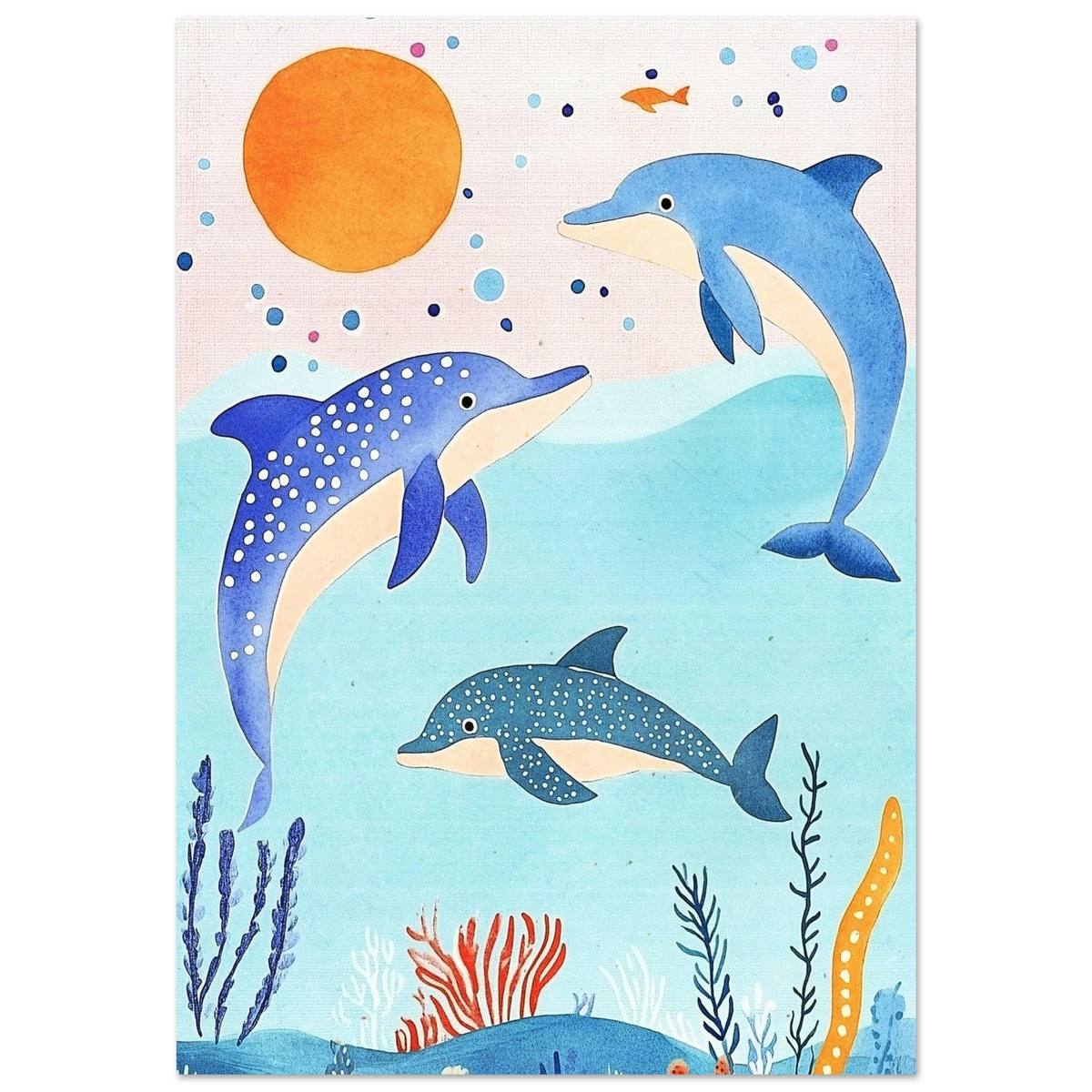 Tre prickiga delfiner simmar under en orange sol – akvarellposter