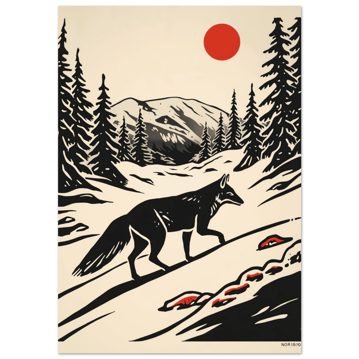 Svart varg i snölandskap med röd sol, grafiskt träsnittsmotiv