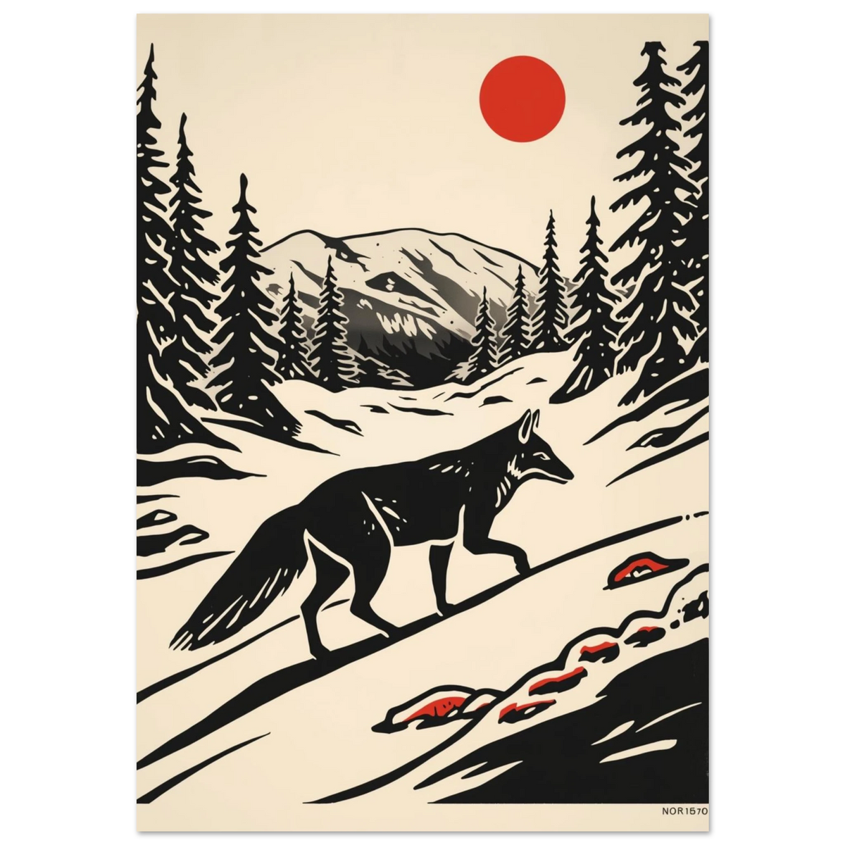 Svart varg i snölandskap med röd sol, grafiskt träsnittsmotiv