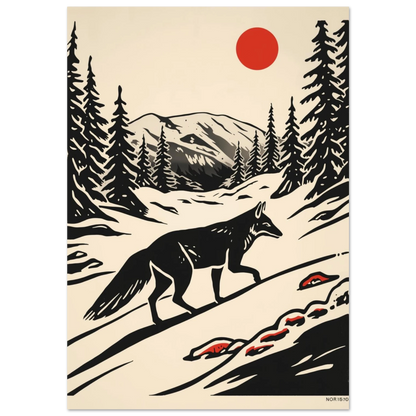 Svart varg i snölandskap med röd sol, grafiskt träsnittsmotiv