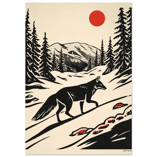 Svart varg i snölandskap med röd sol, grafiskt träsnittsmotiv