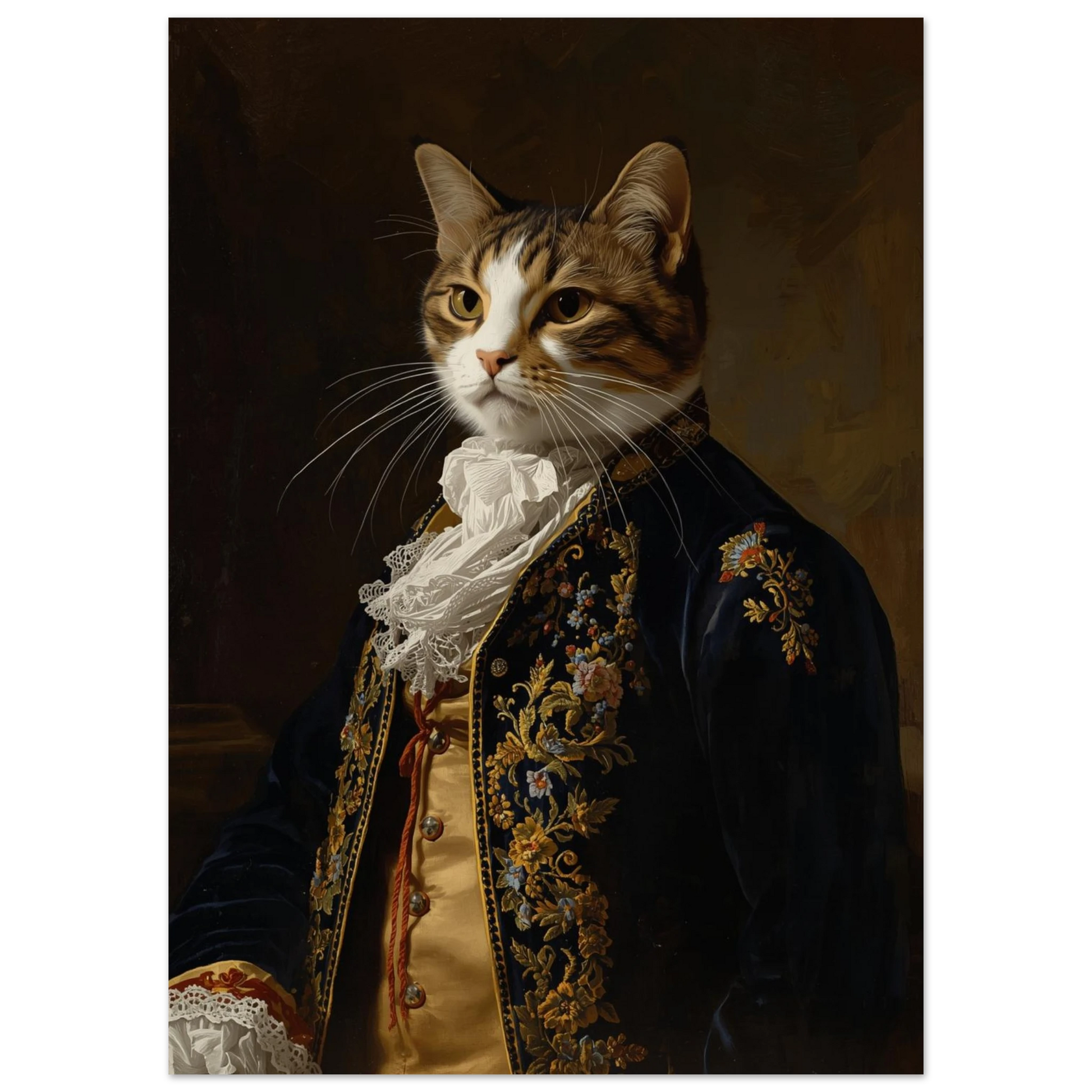 Närbild på kattporträtt i historisk stil med krås och guldknappar – Målad Poster