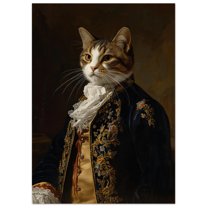 Närbild på kattporträtt i historisk stil med krås och guldknappar – Målad Poster