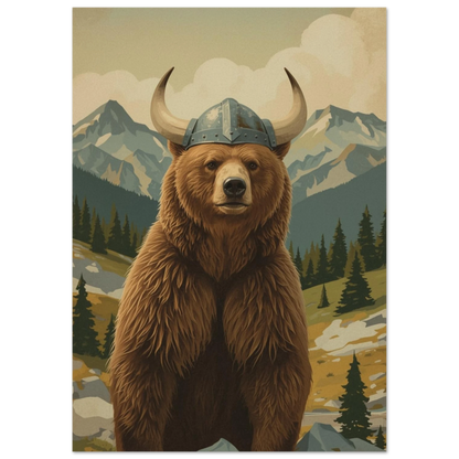 Brun björn i vikingahjälm med horn, stående i fjällandskap – Målad poster