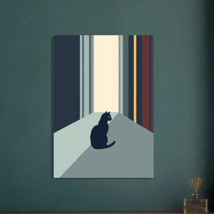 Svart katt med gula ögon i minimalistisk design, lugn stämning