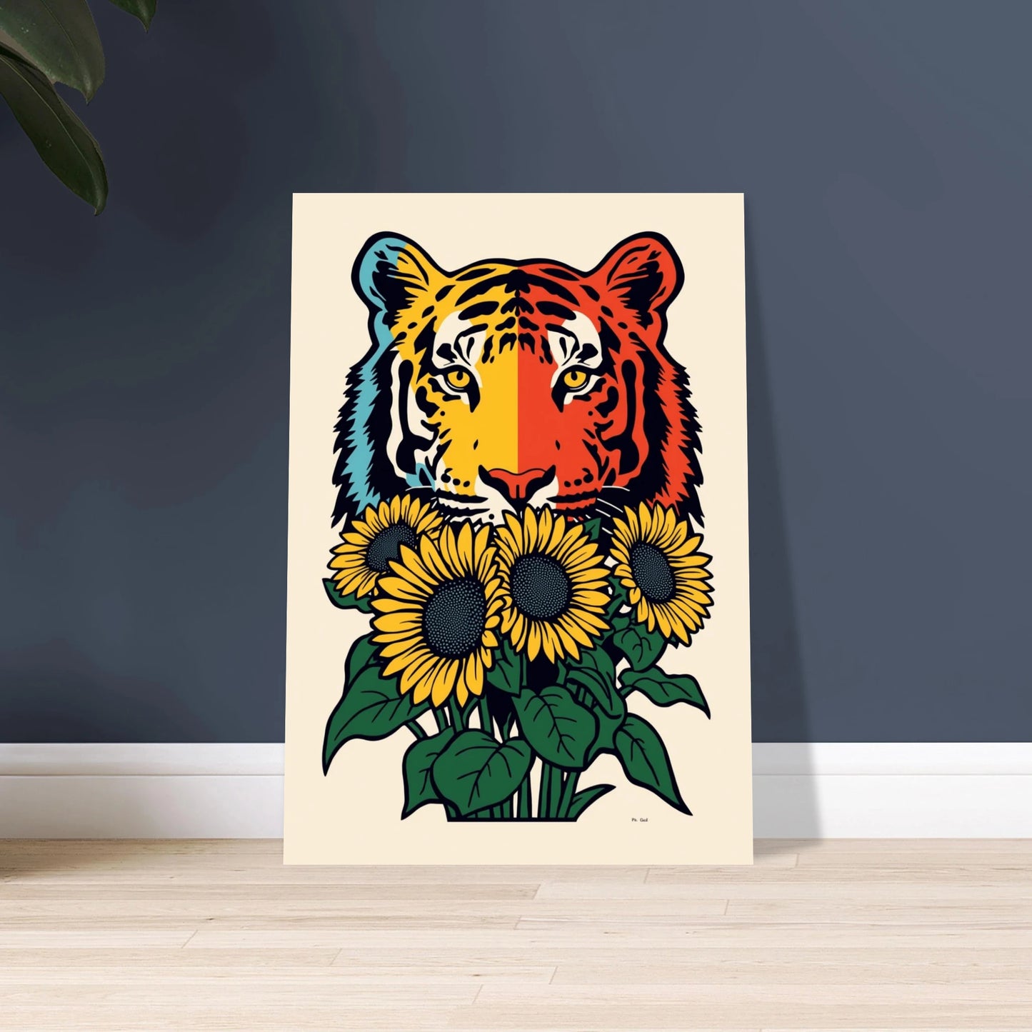 Färgstark tiger med solrosor, konstnärlig pop art-stil