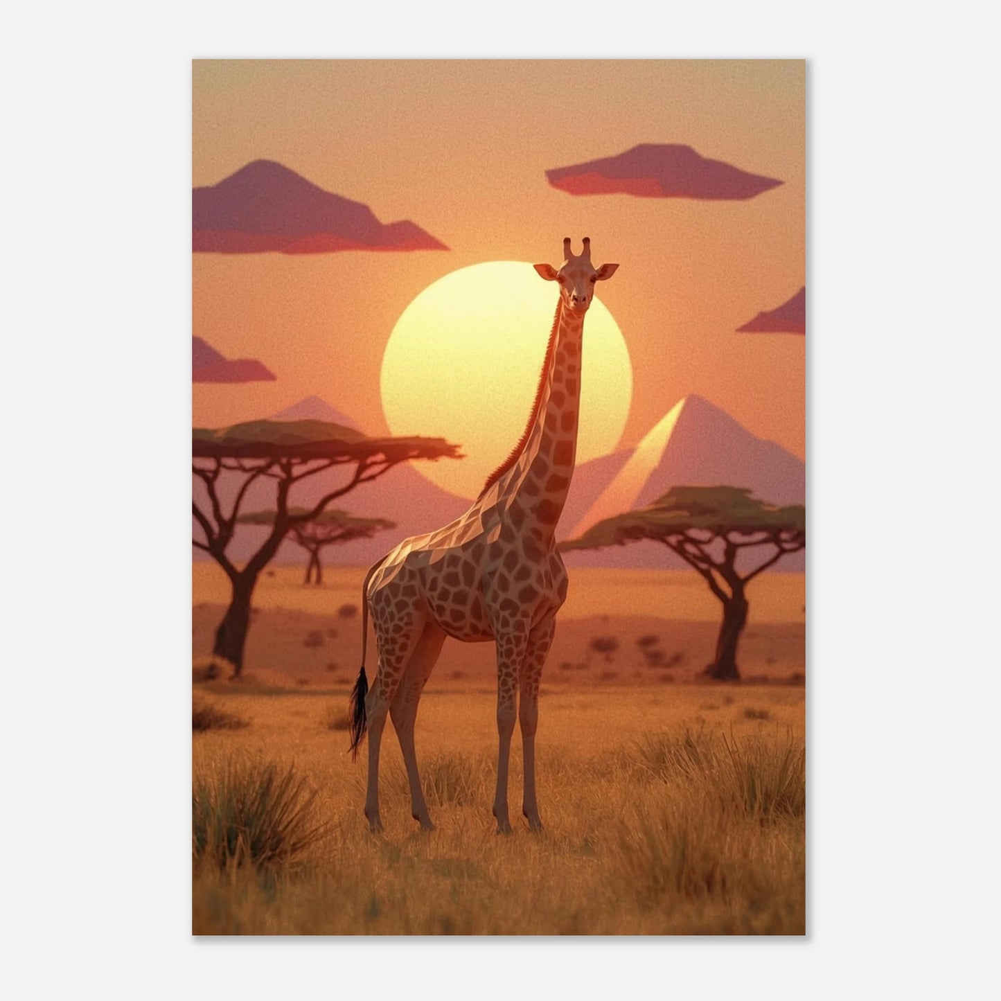 Konstnärligt print av en giraff på savannen med mjuka bergssiluetter