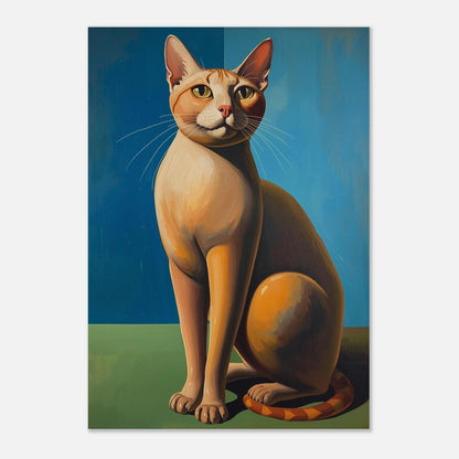 Modernistisk illustration av en vaksam katt i profil mot blå vägg