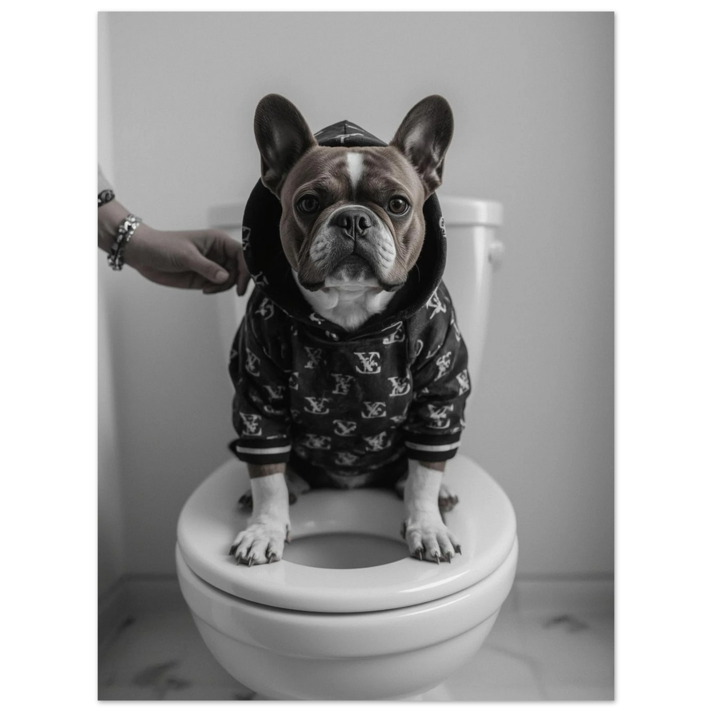 Fransk bulldog i svart hoodie med vitt mönster på toalett – roligt djurmotiv