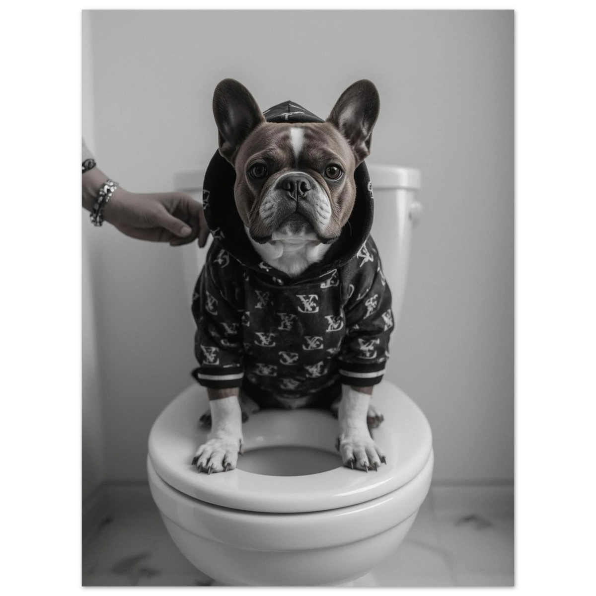 Fransk bulldog i svart hoodie med vitt mönster på toalett – roligt djurmotiv