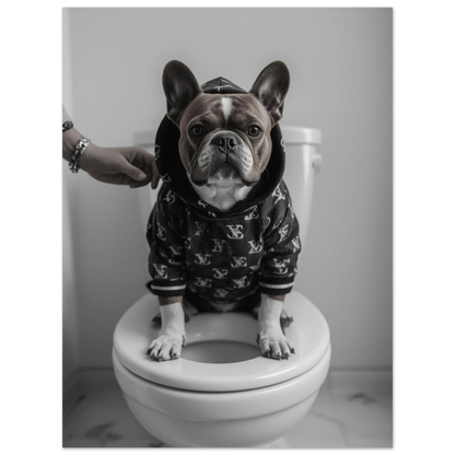 Fransk bulldog i svart hoodie med vitt mönster på toalett – roligt djurmotiv