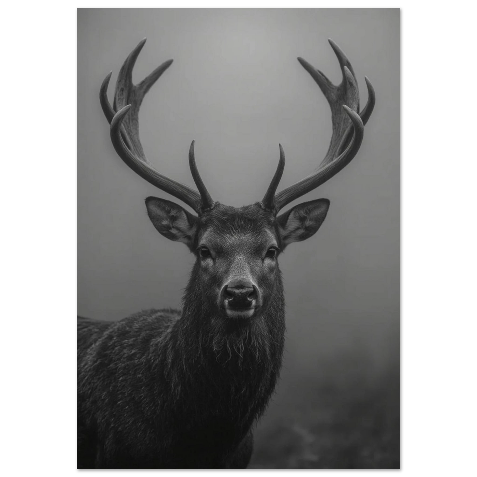 Svartvit poster med en kronhjort som tittar rakt fram, med stora horn och omgiven av dimma – Fotorealistisk poster