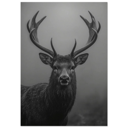 Svartvit poster med en kronhjort som tittar rakt fram, med stora horn och omgiven av dimma – Fotorealistisk poster