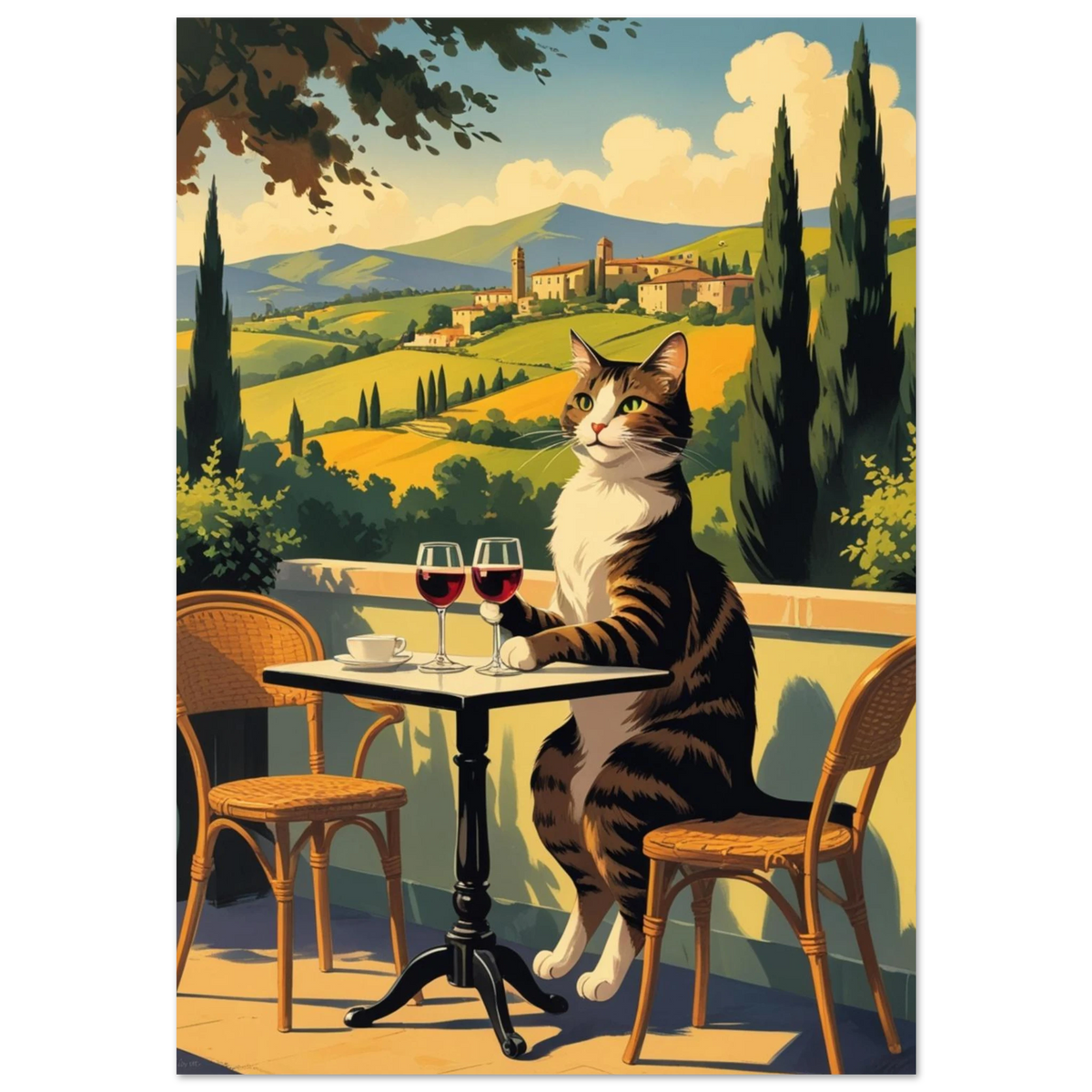 Brunrandig katt dricker rödvin på balkong i Toscana, grafisk illustration