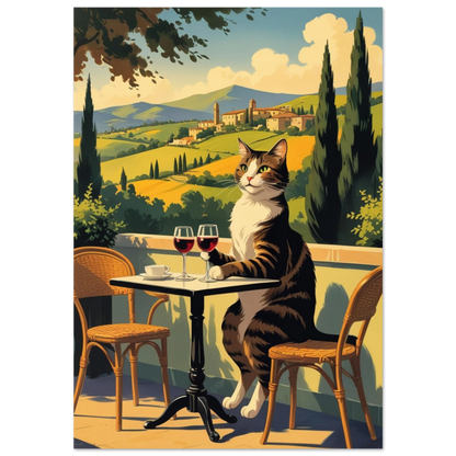 Brunrandig katt dricker rödvin på balkong i Toscana, grafisk illustration