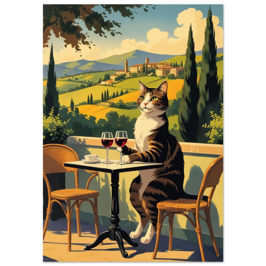 Brunrandig katt dricker rödvin på balkong i Toscana, grafisk illustration