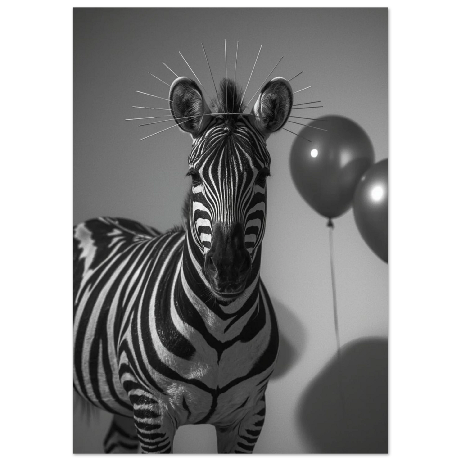 Närbild på zebra med gloria och klarblå ballonger, modern djurposter