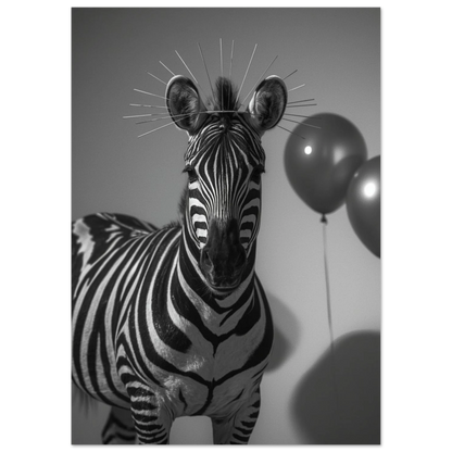 Närbild på zebra med gloria och klarblå ballonger, modern djurposter