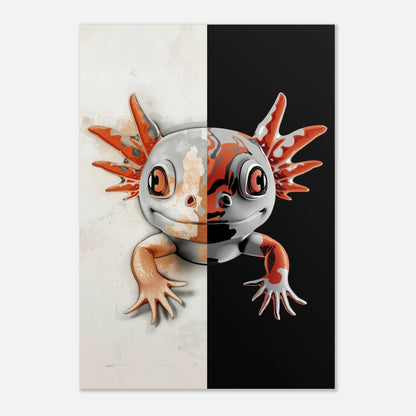 Grafiskt djurtryck av en axolotl mot en stilren svartvit bakgrund