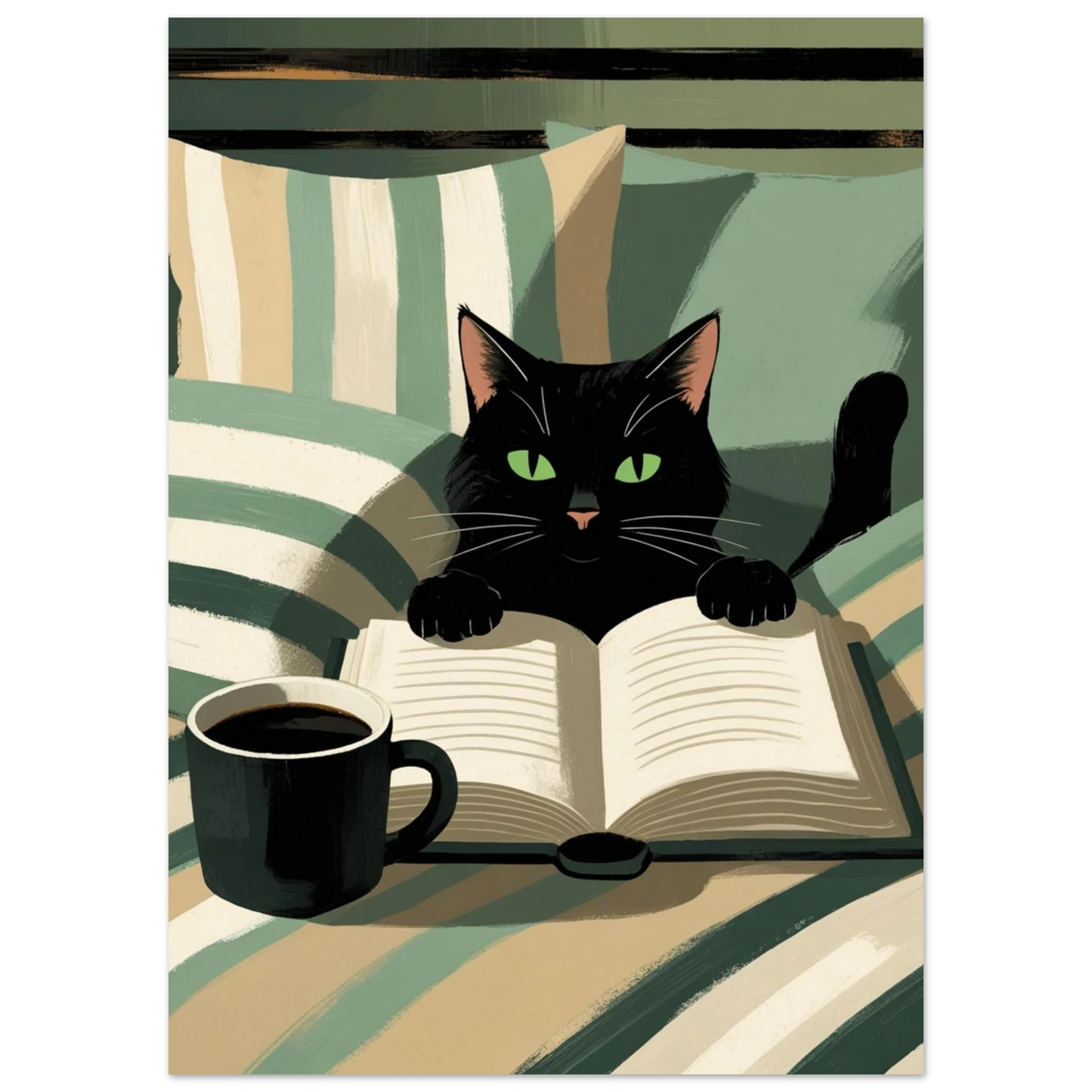 Illustration av läsande svart katt bland randiga kuddar, dova gröna nyanser