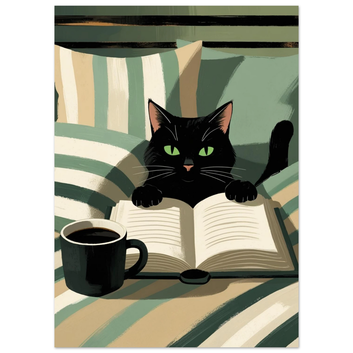 Illustration av läsande svart katt bland randiga kuddar, dova gröna nyanser