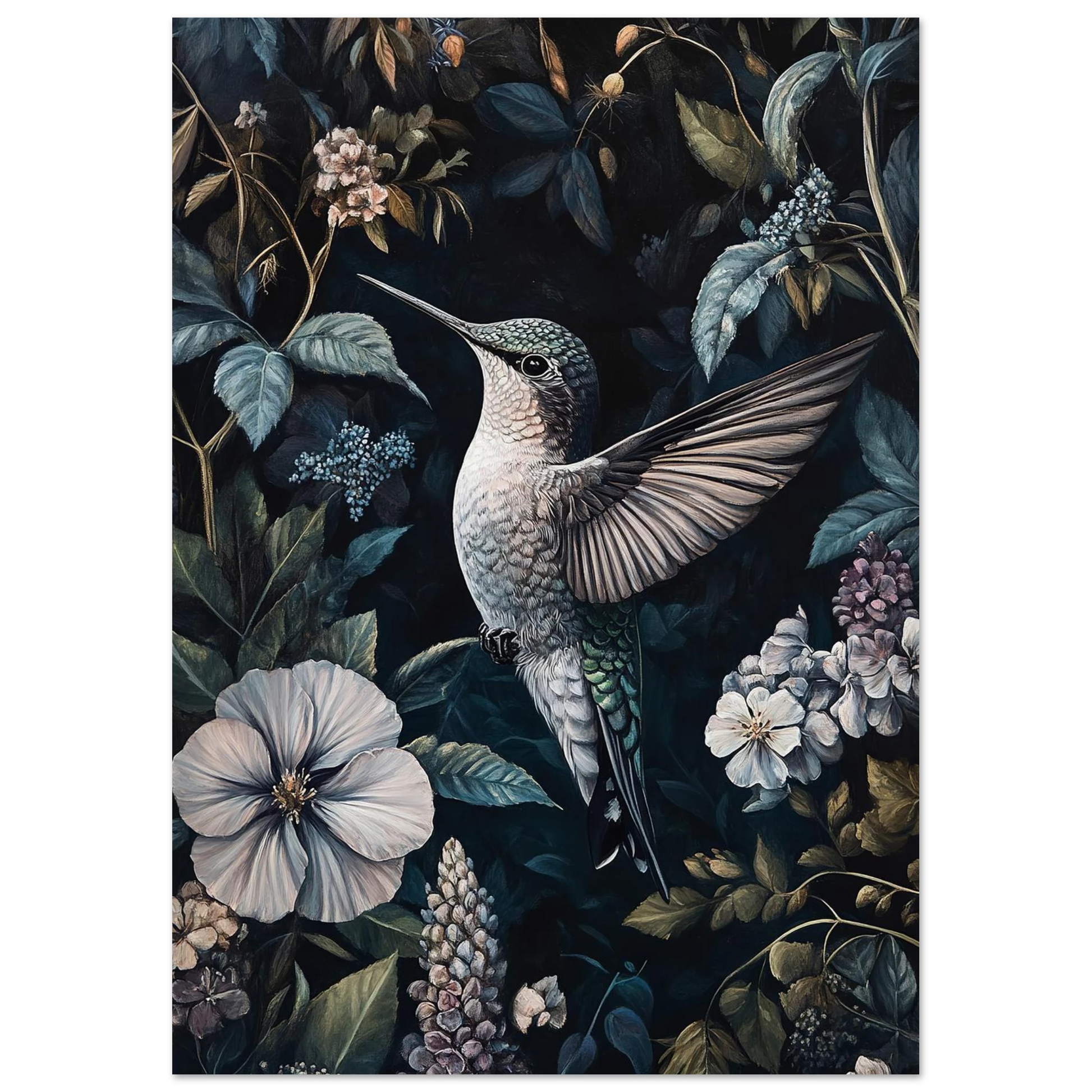 Konstnärligt motiv av en kolibri bland vilda blommor i dämpade toner