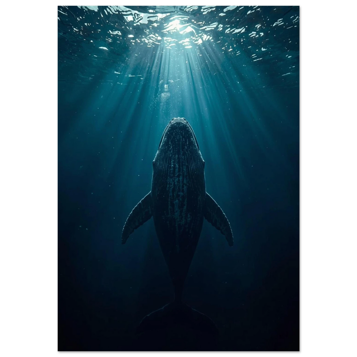Knölval som simmar uppåt mot ljusstrålar i mörkt djuphav, marin poster