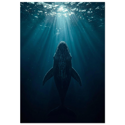 Knölval som simmar uppåt mot ljusstrålar i mörkt djuphav, marin poster