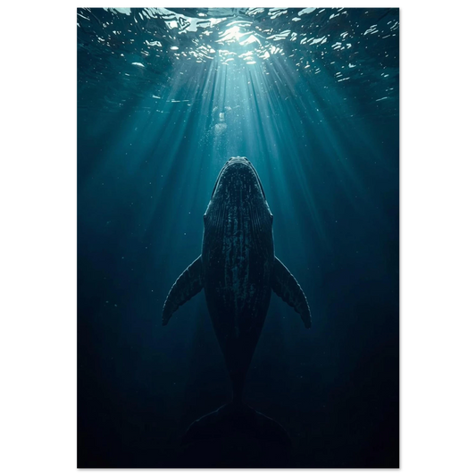 Knölval som simmar uppåt mot ljusstrålar i mörkt djuphav, marin poster