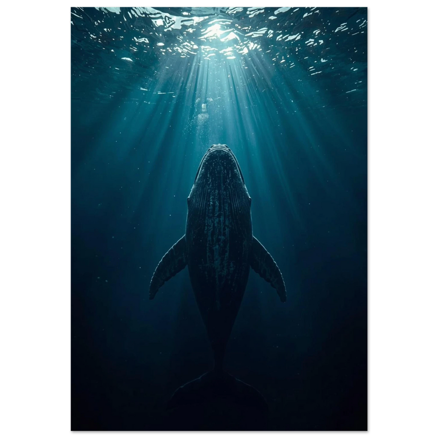 Knölval som simmar uppåt mot ljusstrålar i mörkt djuphav, marin poster