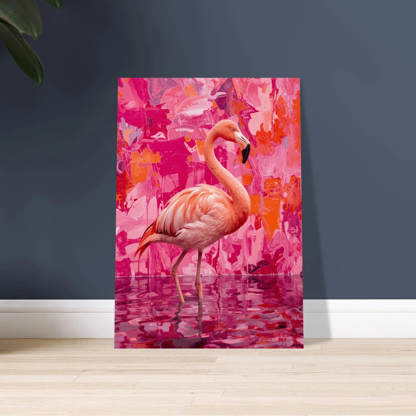Flamingo i drömskt rosa vattenlandskap, abstrakt konstnärlig stil